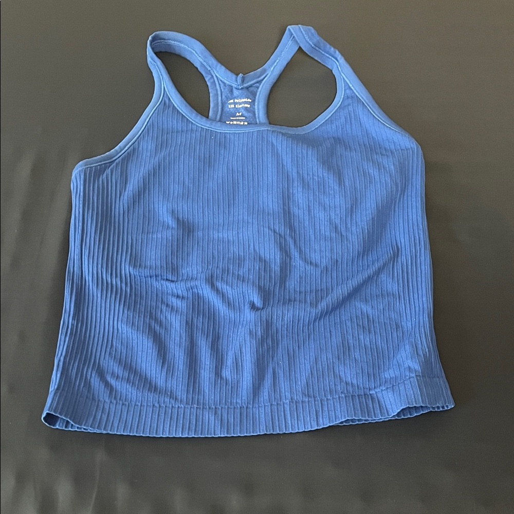 Blue Ribbed Women's athletic  Tank Top